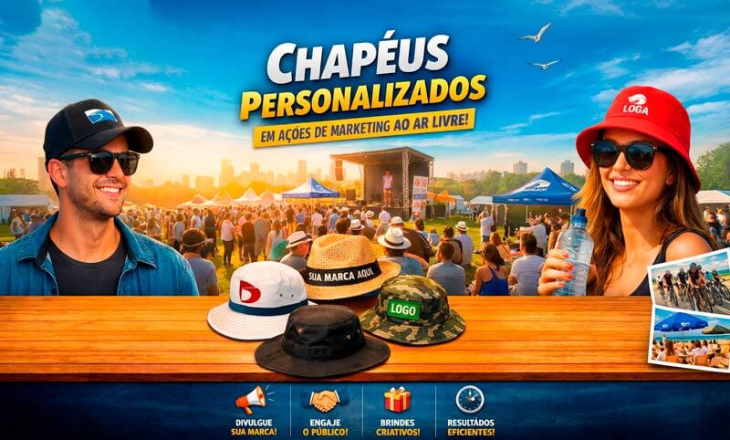 Grupo de pessoas em evento ao ar livre usando chapéus personalizados com o logo de uma empresa, destacando a marca em meio ao público